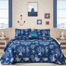 Coastal Quilt Set Queen Size 3 Piece, Summer Beach Blue Theme Quilts with
