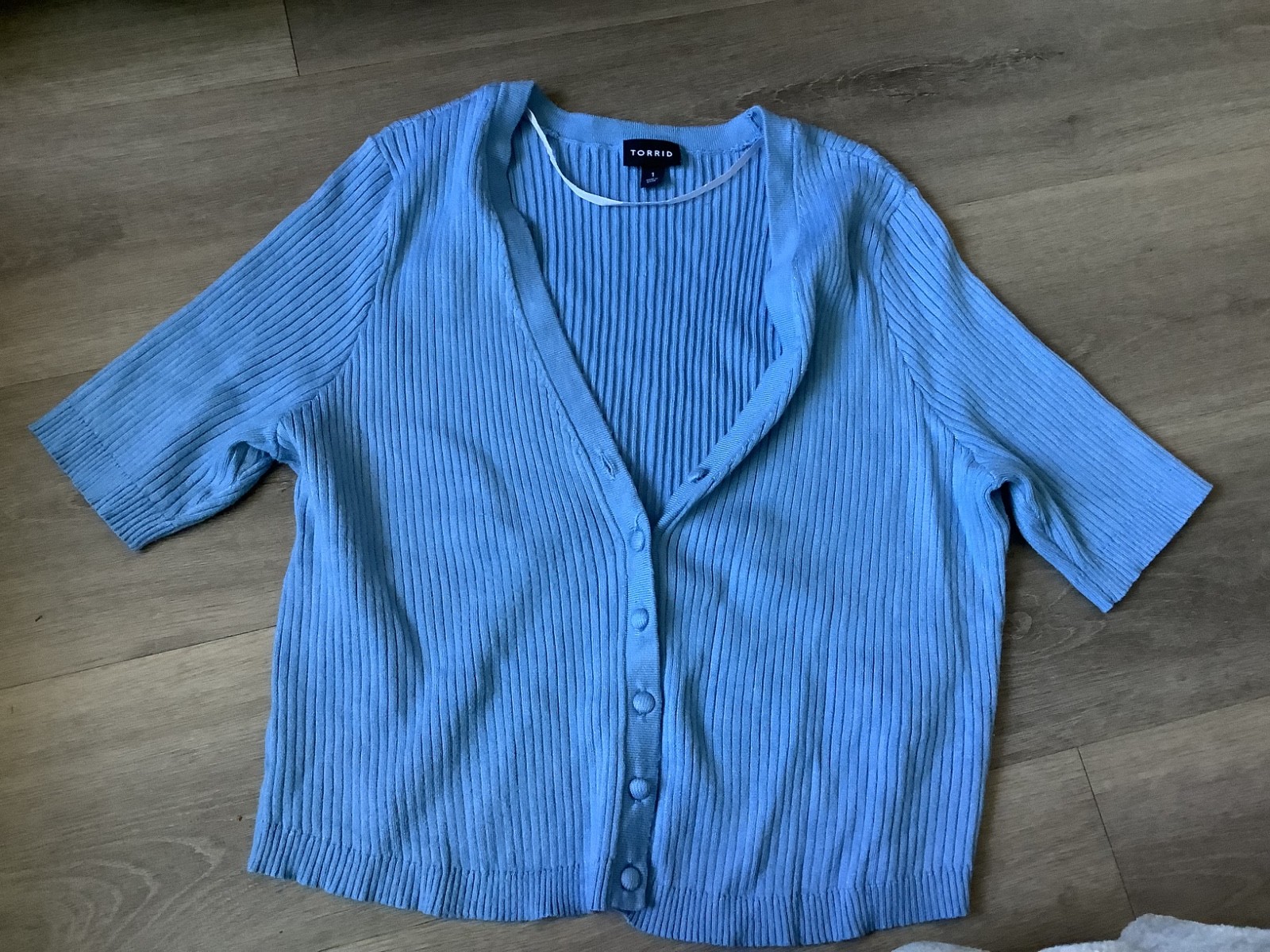 Women’s Torrid brand size 1 Baby blue short sleeve sweater very cute on you!