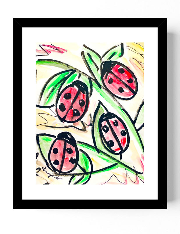 Guajardo Art: Lucky Ladybugs 14X11 Original Paper Signed Whimsical Art