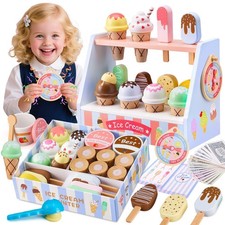 Ehome Wooden Ice Cream Toys Set Pretend Play Food Store for Kids child-size