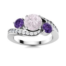 925 Sterling Silver 5MM Round Pink Quartz  Amethyst Three Stone Women Ring