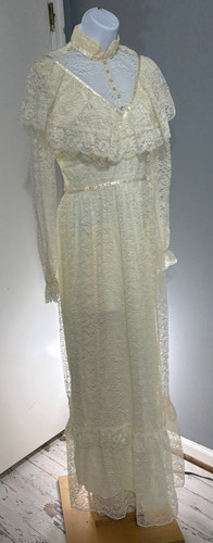 Vintage 70s Cream Prairie Dress Victorian Peasant Cottage Lace Boho Wedding Gown, $95 - Photo 4
