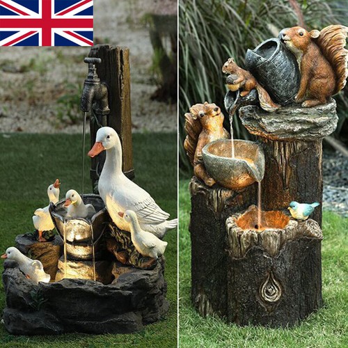 Solar Power Duck Family Outdoor Round Water Fountain Feature Garden ...