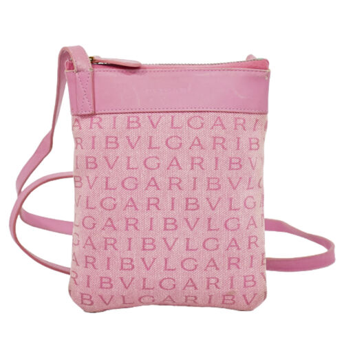 BVLGARI Logo Mania Canvas Shoulder Crossbody Bag Pink Silver