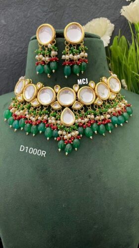 GOLD Plated kundan bridal  set with green red white pearl with earring for woman - Afbeelding 1 van 3