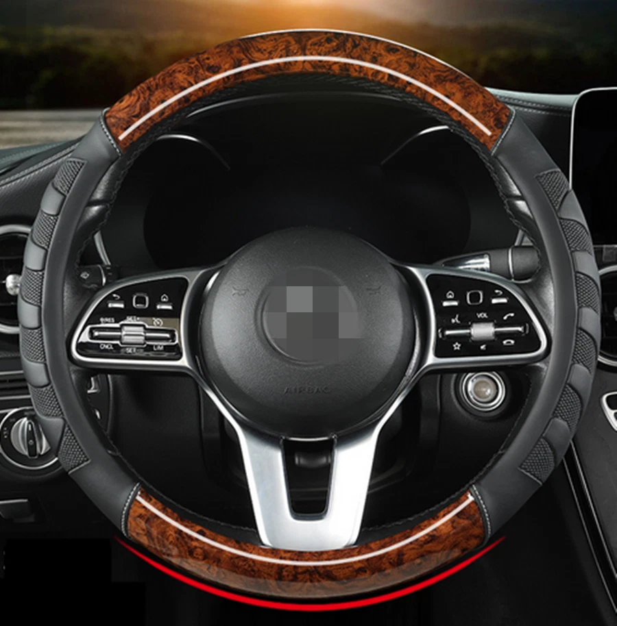 Coffee Leather Car Steering Wheel Cover Breathable Anti-slip Car Accessories - Image 3 of 4