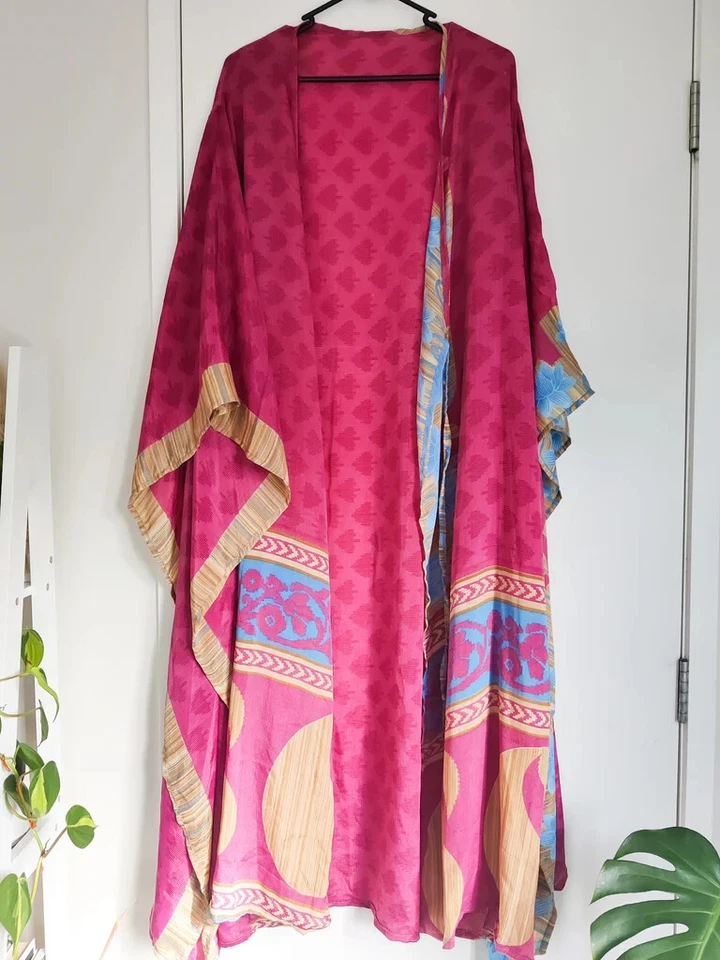 5 Piezas Vestido Largo Kimono Mujer Sari de Seda Vintage Indio Hecho a Mano Foto 2 de 4