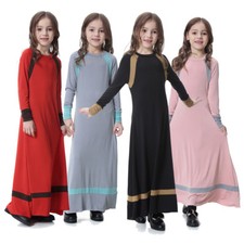 Kids Girls Long Sleeve Dress Kaftan Robe Muslim Islamic Abaya Maxi Arab Dress