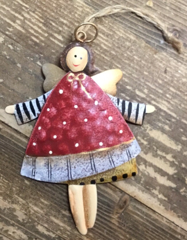 Vintage Angel Pressed Tin Metal Folk Art Style Hand Painted Christmas Ornament
