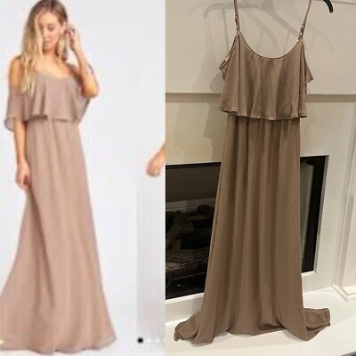 Show Me Your Mumu Caitlin Ruffle Maxi Dress Cold Shoulder Gown Dune Chiffon XS