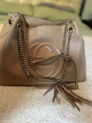 Authentic Gucci Soho interlocking GG leather chain shoulder bag beige