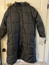 Coat Weather Stoppers By Totes Puffed Sz L Black W/faux Fur Trimmed Hoodie- Nwt