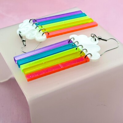 Cloud & Rainbow Flat Acrylic Pendant Hook Earrings - Handmade New