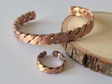 Solid Copper Magnetic Bracelet Ring Set Arthritis Pain Relief Cuff & Ring Twist