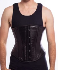 701 Mens - Authentic Black Leather  28" Underbust Corset Double Steel Boned