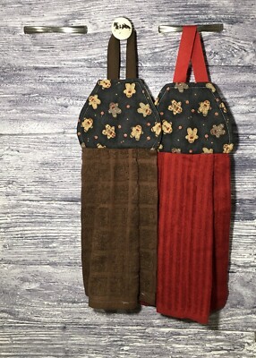 Hanging Kitchen Dishtowel Gingerbread Men Red Bow Ties Buttons Checks Lollipops