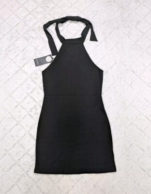 Privacy Please Dress Women's L Black Halter Ribbed Bodycon Mini Sleeveless