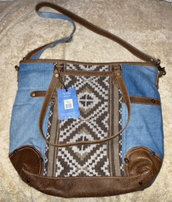 Myra Bag Sophia Denim Leather Aztec Tapestry Crossbody ￼Shoulder Tote Bag Large