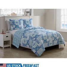 Coastal Marine Life Reversible Quilt Set 3 Piece Bedding Shams Soft Microfiber