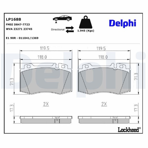Delphi Bremsbelagsatz, Scheibenbremse LP1688 FüR MERCEDES-BENZ Subaru-image