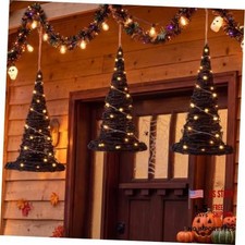 3 Pack Halloween Rattan Hanging Witch Hat Decor with LED String Lights,