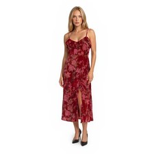New Boohoo Dress Women's Size 14 Red Floral Velvet Strappy Frill Slit Maxi