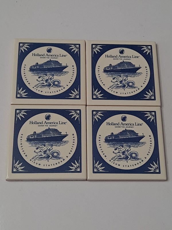 Holland America Line Cruise Delft Coasters 4"x4" Blue Pottery Lot Of 4. New!!!!!