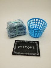 Doll House Miniature Towel Bale Wash Basket & Welcome Mat