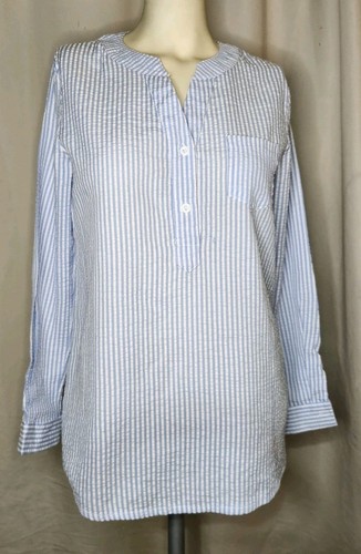 UNBRANDED Womens Seersucker Shirt Blue & White Striped LS Sz S/M Cotton Blend - 第 1/10 張圖片
