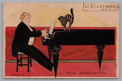 Man Playing Piano Real Appreciation Striped Cat Cowham Tuck Postcard