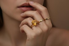 Citrine Ring Anemone Jewelry 16mm Faceted Round Gold Filled Statement