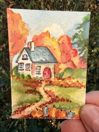 ACEO Original, Fall, pumpkins,  cottage, Watercolor by Kimberly Tyson Art