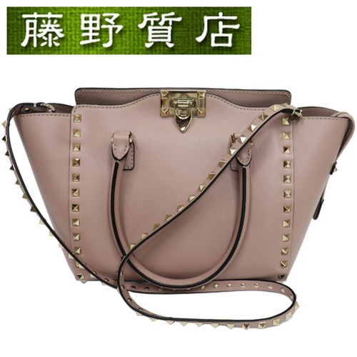 Valentino Rockstud Tote Shoulder Bag Leather Pink Beige Gold Used FUJI-0