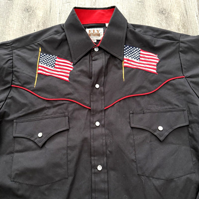 Ely Cattleman Pearl Snap Shirt Mens Sz Small Black USA Flags Long Sleeve