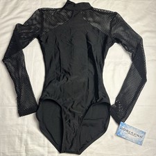 Double Platinum NWT Black Fishnet Long Sleeve Dance Leotard N7225 Petite Adult