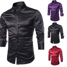 Mens Shiny Satin Long Sleeve Shirt Solid Color Paisley Design Dress Top