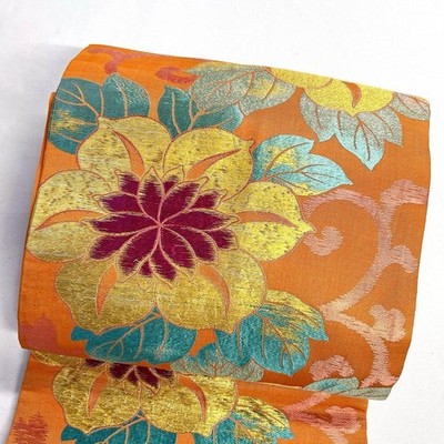 Japanese Kimono Nagoya Obi Belt Retro Flower Arabesque Gold Thread Silver 124