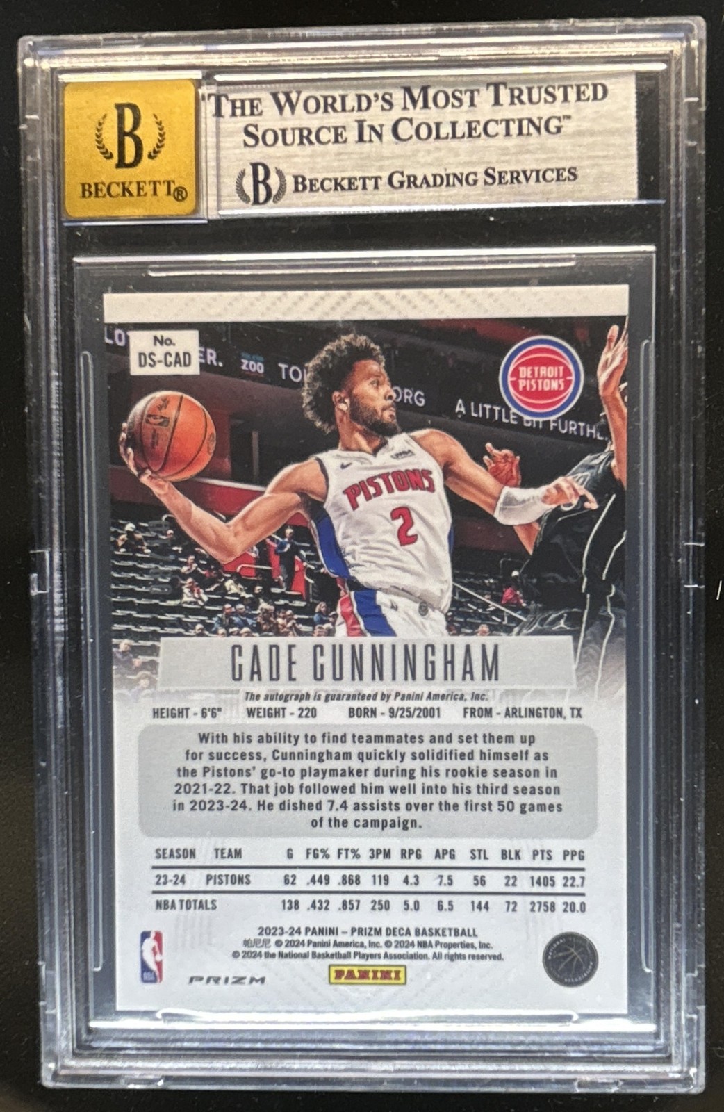 2023-24 Panini Prizm Deca Cade Cunningham Signatures Gold Auto #/10 BGS 9 view 2