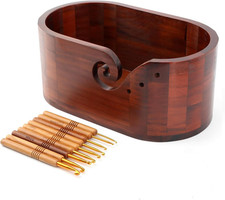 Oval Wooden Yarn Bowl,Knitting Yarn Bowl Holder with 9Pcs Crochet Hooks,Large Ya