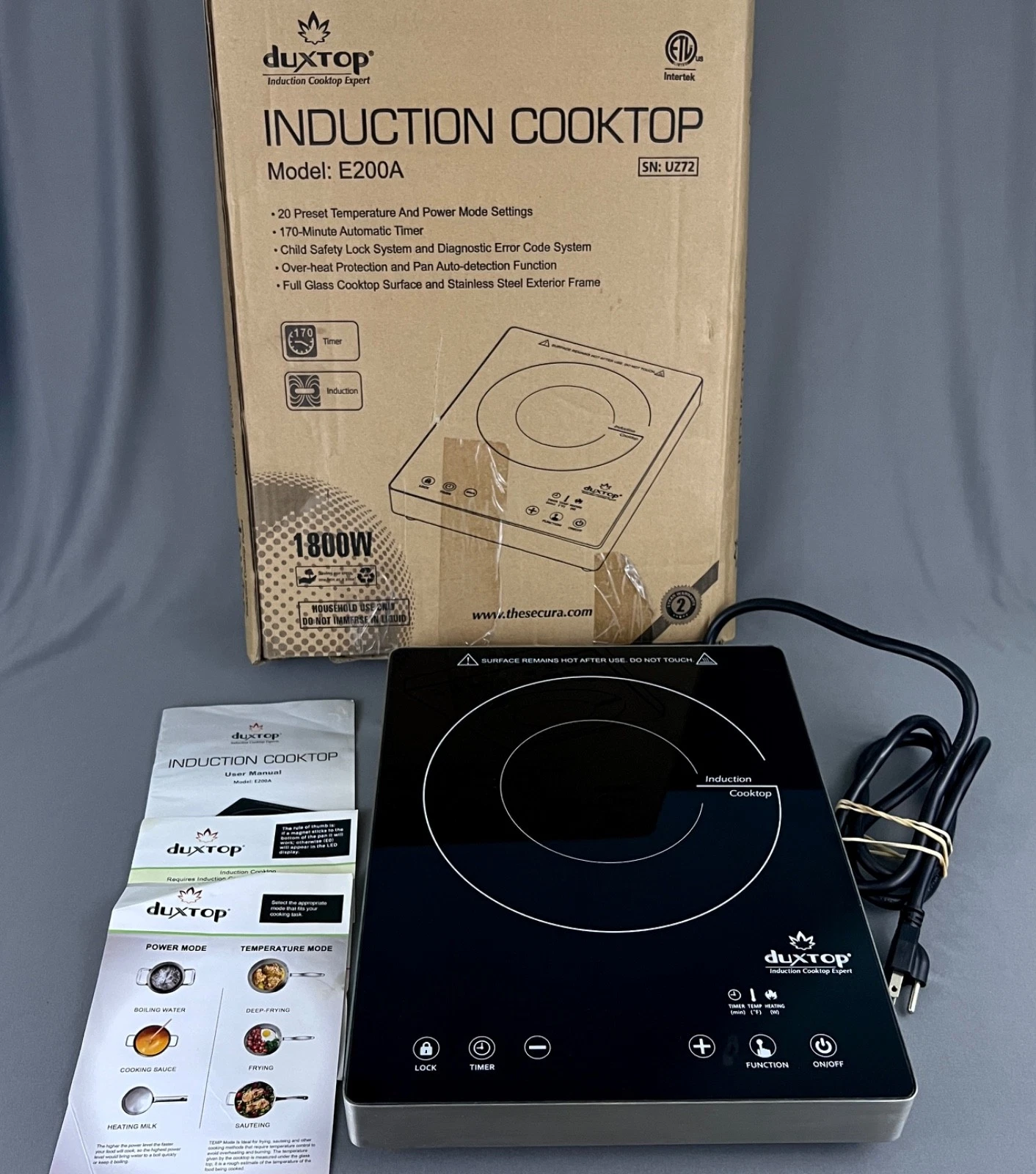 Duxtop Countertop Induction Cooktop E200A 1800 W Timer Glass and Stainless Steel