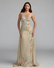Mac Duggal 37012 Beige One Shoulder Embellished Gown With Train Sz 4 NWOT
