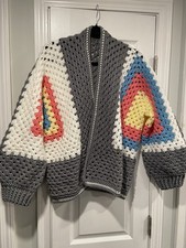 Handmade Crochet Granny Square One Size Cozy Cardigan Boho Chunky Knit Sweater