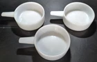 Set of 3 Vtg Milk Glass Ovenware J-2639 Handled Soup Bowls USA Fire-King Style