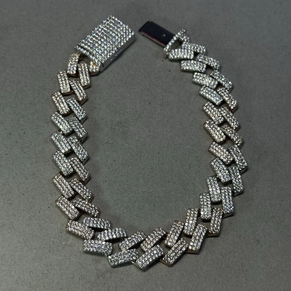 SOLID 925 STERLING SILVER 2 Tone 14mm CZ MIAMI CUBAN CURB BRACELET 54g 8.75” - Image 2 of 4