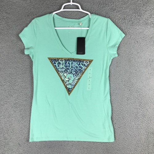 Maglietta Guess donna grande mare schiuma verde leopardata triangolo logo borchie maglietta nuova
