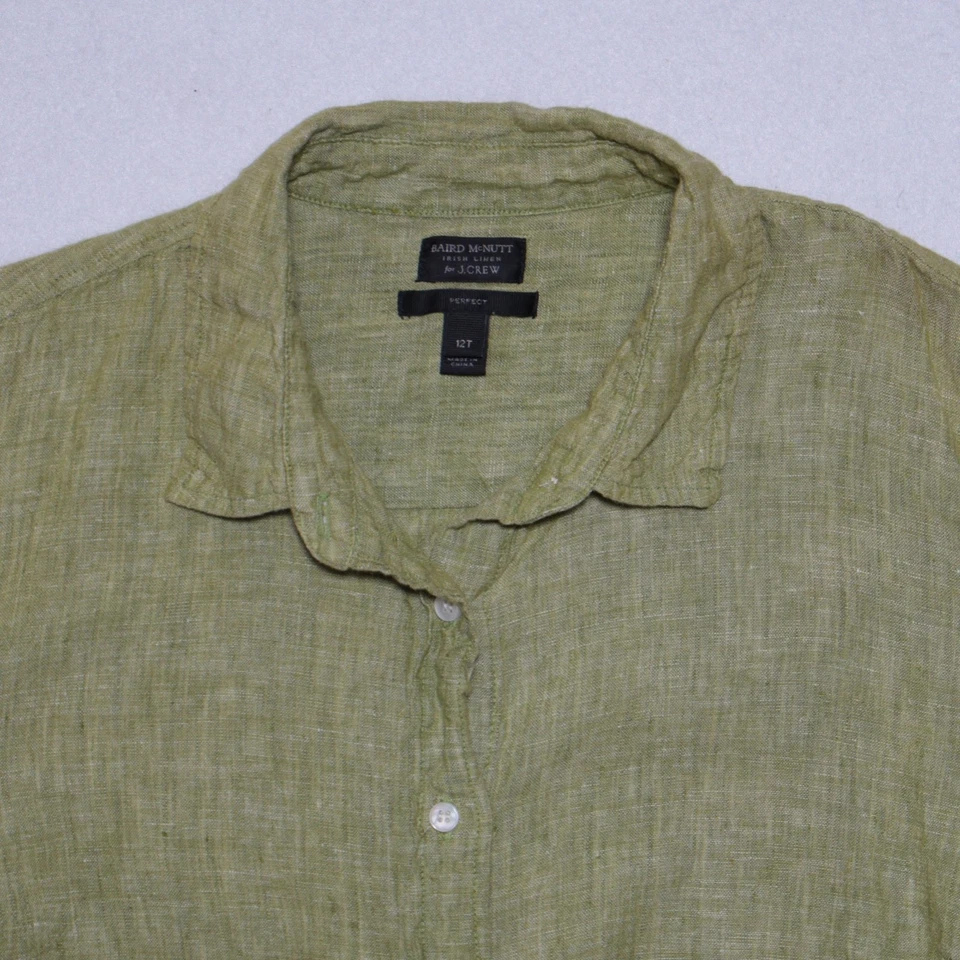 Camisa J.Crew Mujer Baird McNutt Lino Irlandés Ajuste Perfecto Verde Abotonada Talla 12T Foto 3 de 4