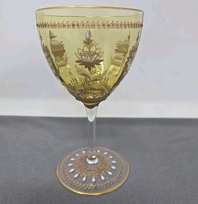Moser Type Enameled & Jeweled Lotus Flower Pattern Wine Glass 4 3/4'' c. 1900