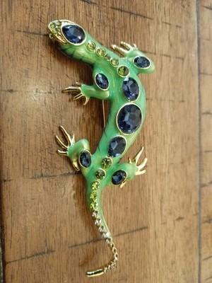 Jeweled Glass Rhinestone Salamander Gecko Enamel Pin Brooch 4 Inches Gold Tone 
