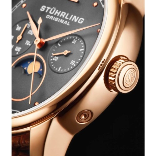 Stuhrling Original 898 04 Celestia Phase de Lune Jour Date Cuir Marron Montre - Photo 5 sur 8