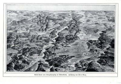 Map Relief- Karte vom Kriegsschauplatz in Ostfrankreich Histor. WK 1. Druck 1914